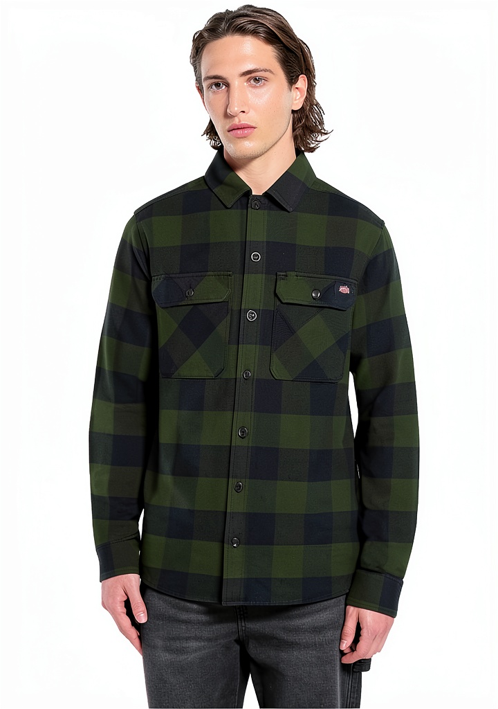 Uomo che indossa la camicia Dickies verde in un ambiente casual